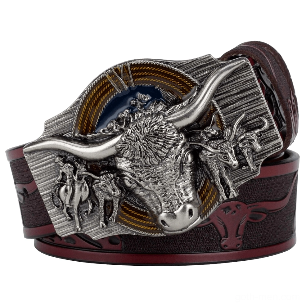 Dark wine red gothic leather belt side view with 3D silver bull head buckle
