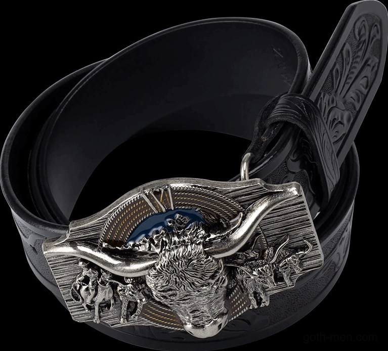 Rich wine red embossed leather belt with statement bull head silver buckle
