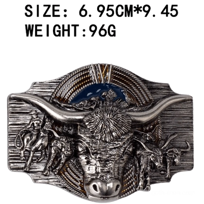 Ornate silver bull head buckle with blue enamel accents front view