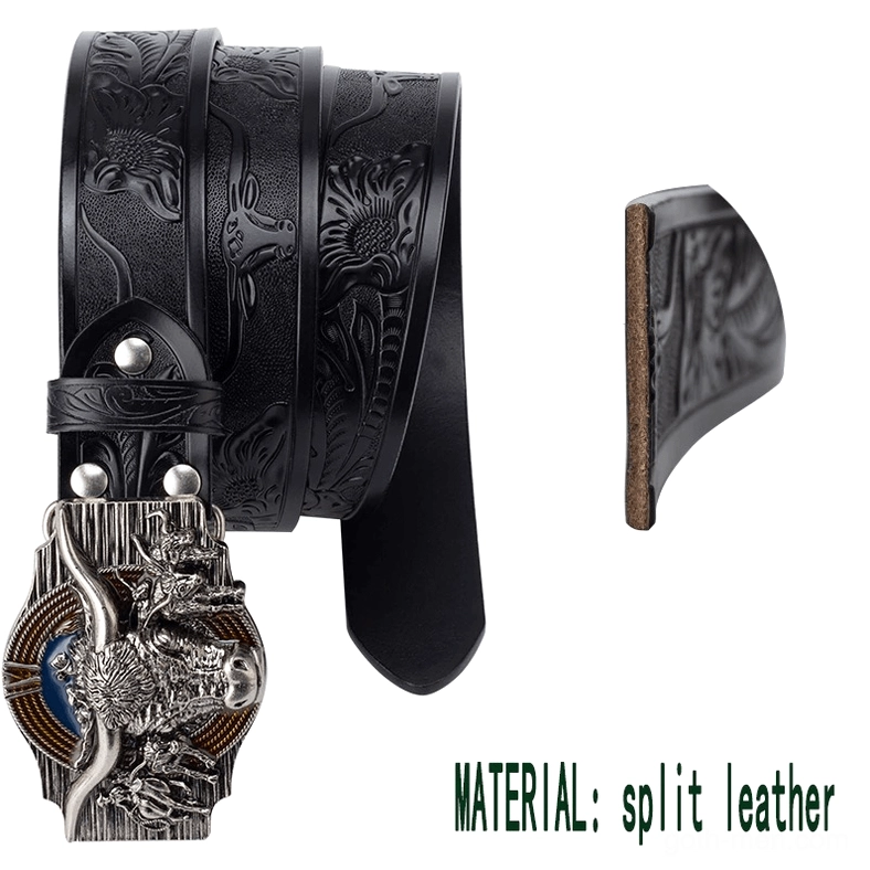 Close-up of silver bull head buckle metalwork and western gothic design elements