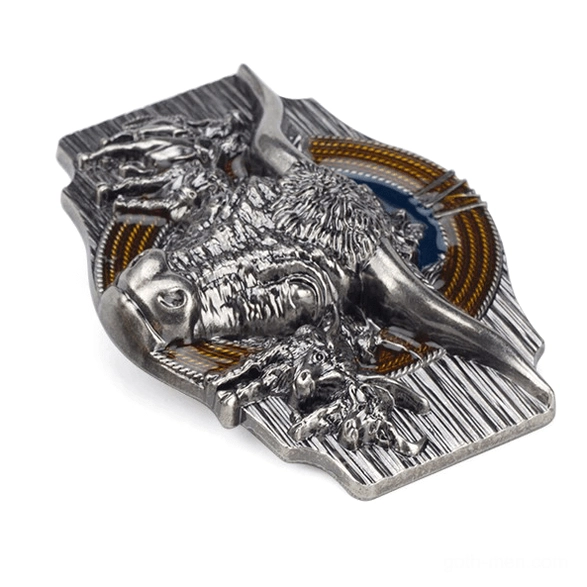 3D silver bull head belt buckle with western engravings overhead view