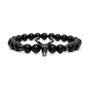 Black stone bull skull charm beaded bracelet for men with silver metal accents, gothic jewelry design
