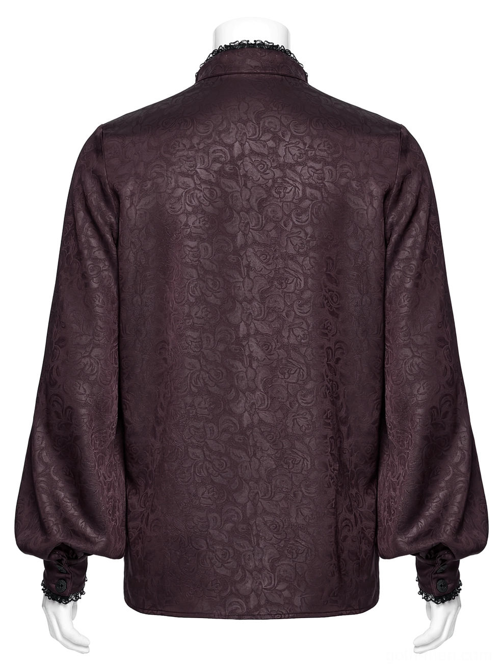 Dark burgundy gothic lace shirt rear view - mannequin displaying back jacquard pattern and buttoned cuff