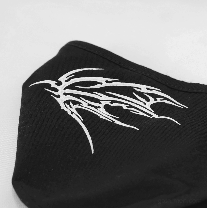 Complete gothic butterfly face mask unisex accessory styling overview, black with white wing pattern, full front view