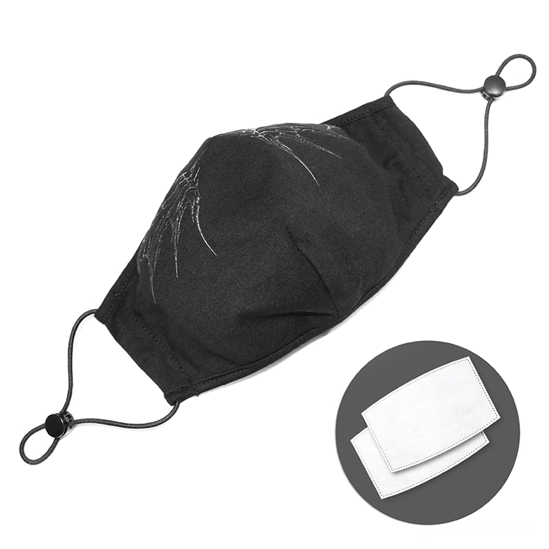 Gothic face mask flat lay displaying replaceable filter pads and adjustable elastic strap components