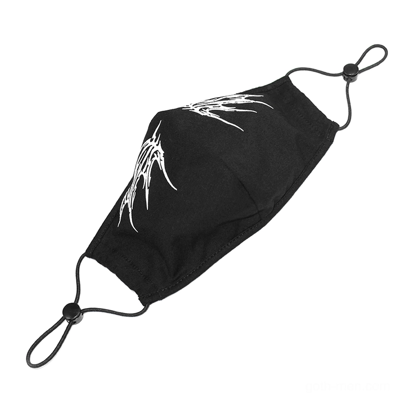 Black gothic butterfly face mask oblique flat lay view, white wing print design, adjustable elastic toggles visible