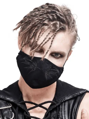 Close-up front view of black gothic butterfly face mask showing detailed silver wing embroidery and matte finish