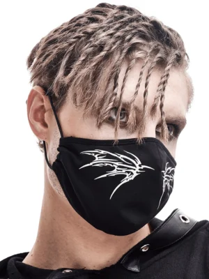 Unisex gothic butterfly wings mask front view on model, symmetrical white print design, punk alternative fashion aesthetic
