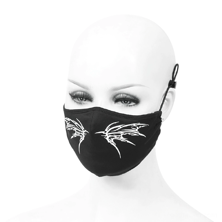 Gothic butterfly mask left adjustable ear loop close-up, elastic band toggle mechanism, unisex fit system