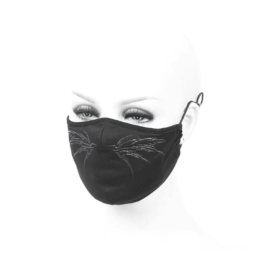 Black gothic butterfly face mask on white mannequin head, left three-quarter view with detailed wing pattern