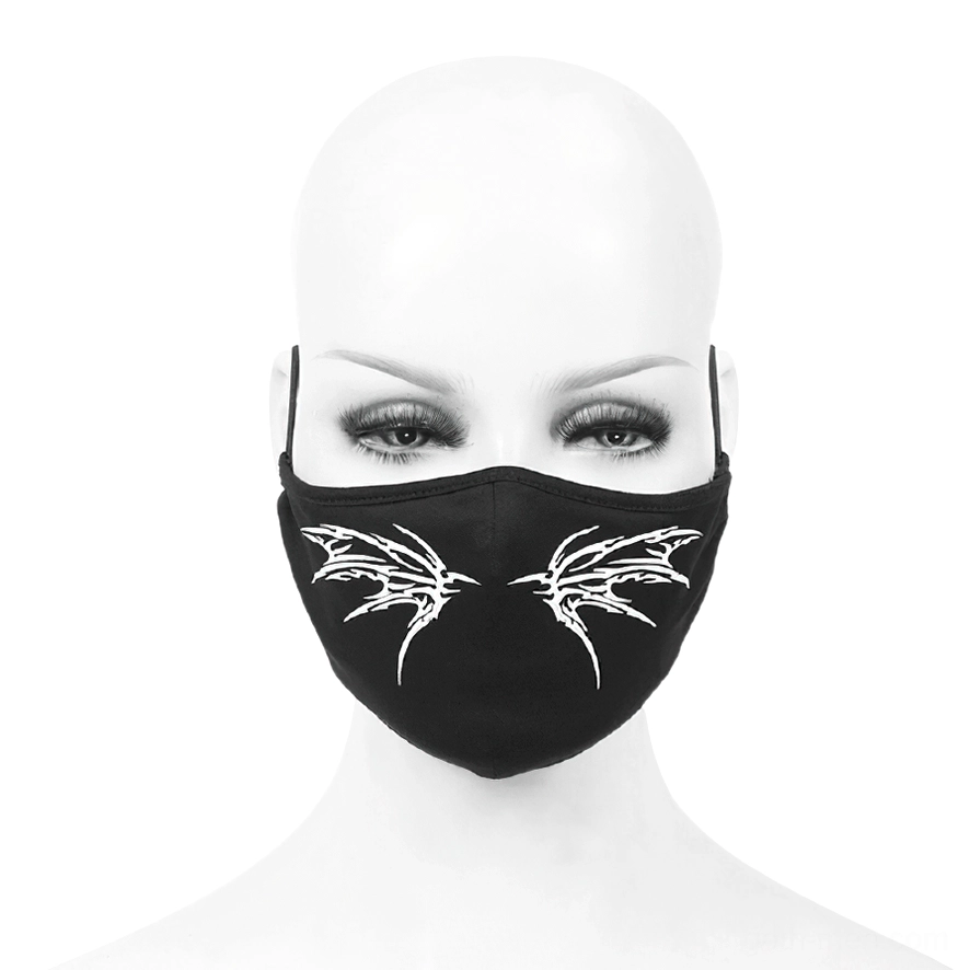 Black gothic butterfly face mask on mannequin head, white wing pattern detail, front-facing studio shot