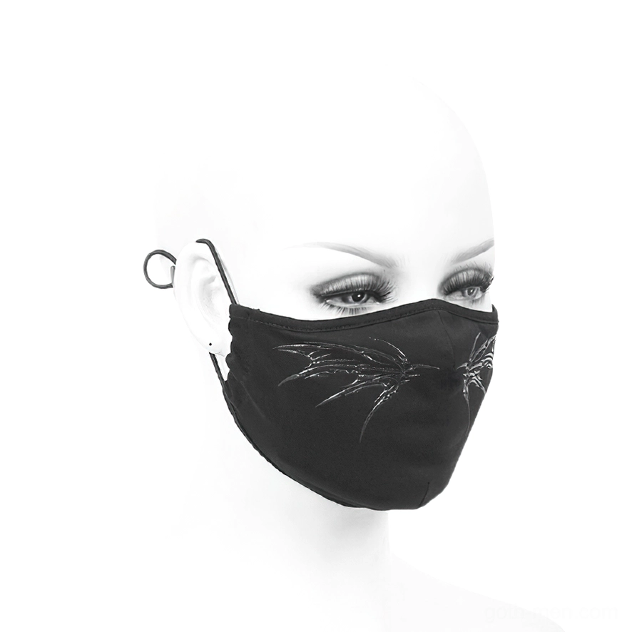Black gothic butterfly face mask on mannequin head, right three-quarter view highlighting adjustable elastic straps