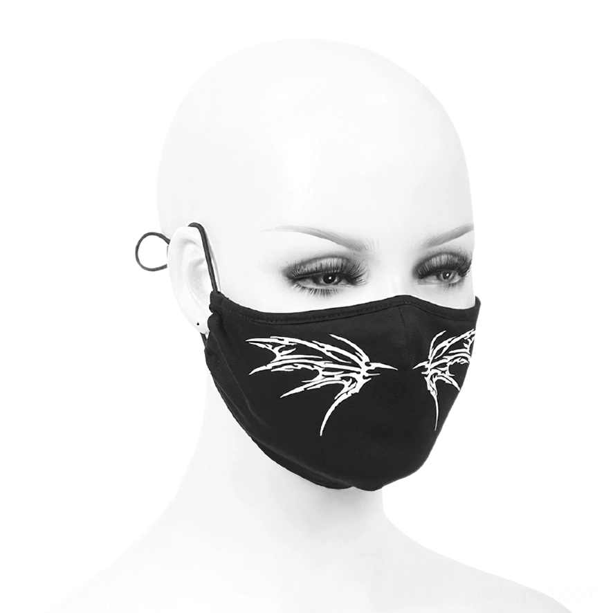 Gothic butterfly mask right adjustable ear loop close-up, elastic toggle buckle, size customization feature