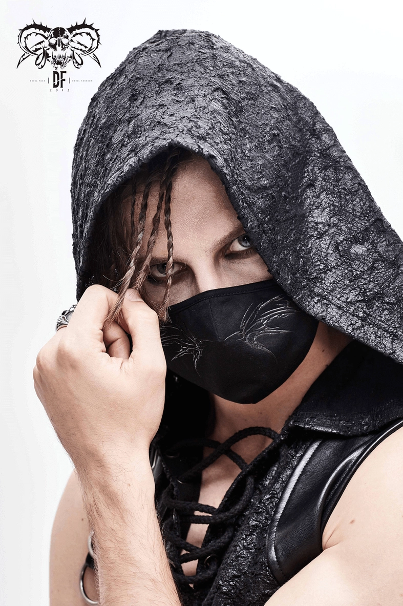 Black embroidered butterfly gothic face mask styled outfit pairing with alternative fashion accessories