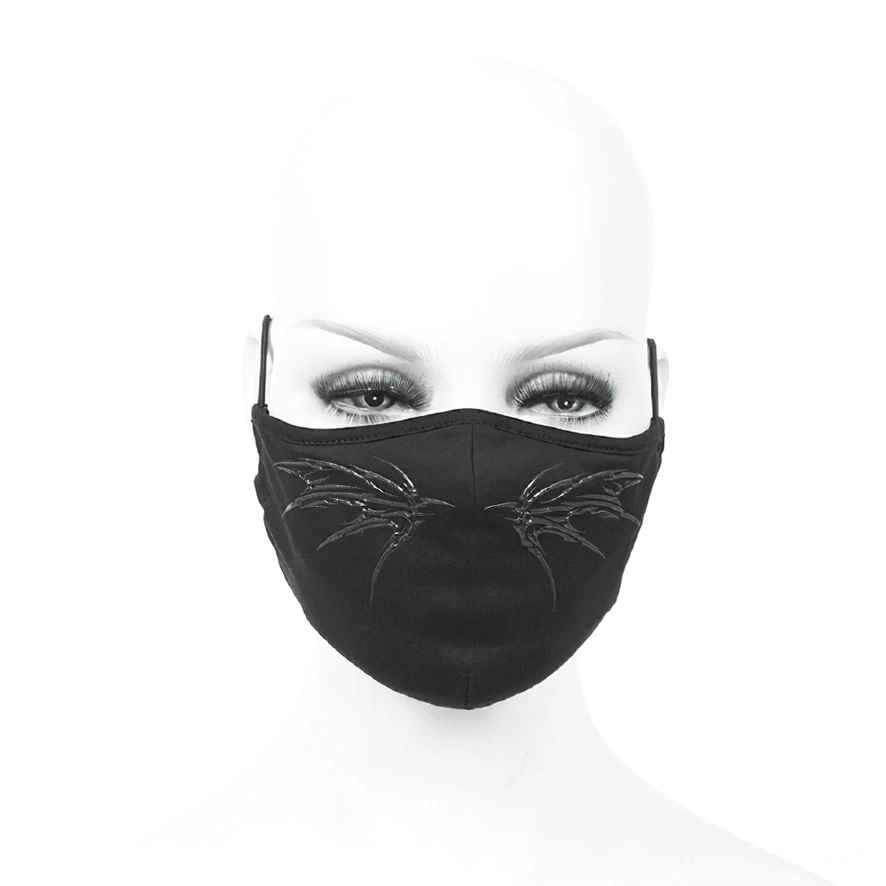 Symmetrical front view of black gothic butterfly embroidered face mask on mannequin, showing wings pattern