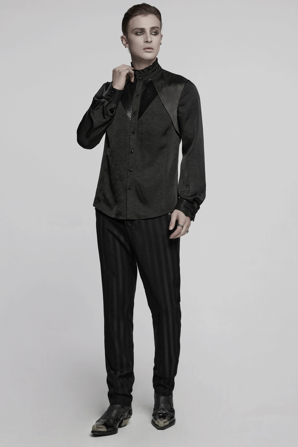 Gothic button-up shirt full product view with skull buttons and structured layered design