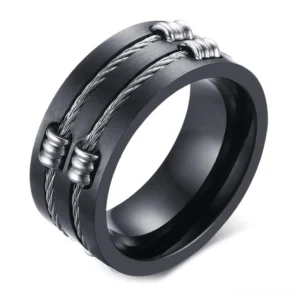 Black stainless steel cable wire gothic ring 45-degree side view showing embedded silver twisted cable pattern