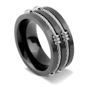 Industrial stainless steel ring rear angle displaying polished silver cable wire inlay detail