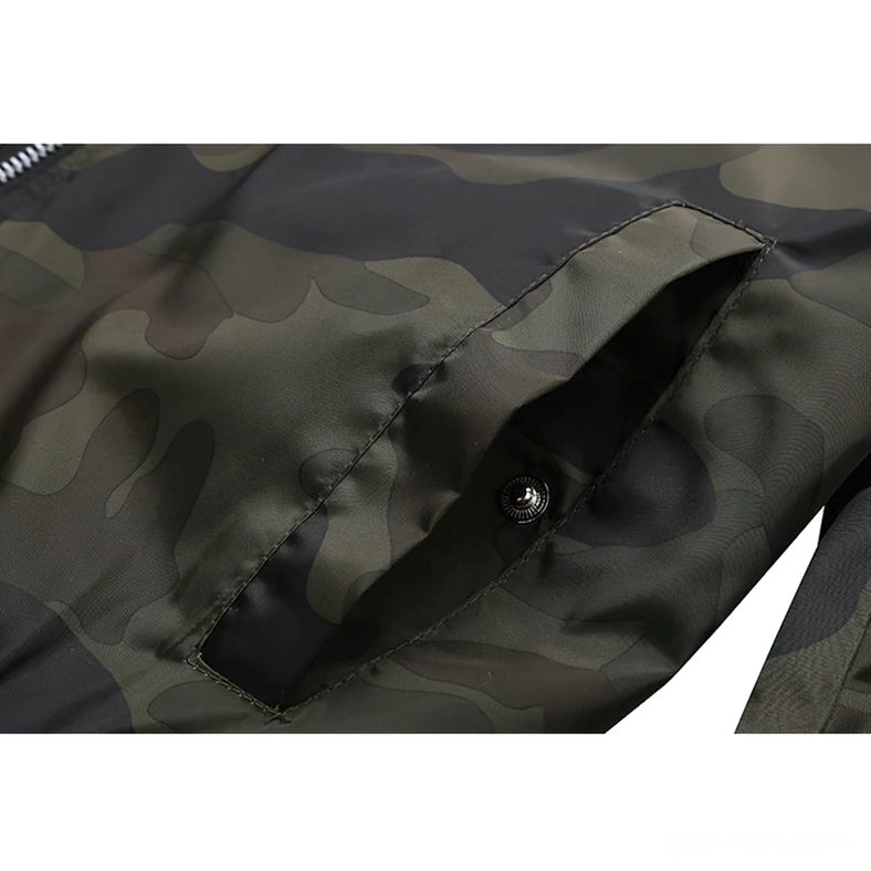Alternative front angle view of gothic camouflage bomber jacket with zipper open on white background