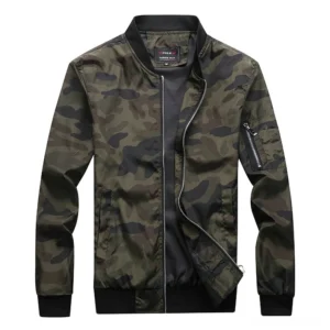 Army green camouflage gothic bomber jacket front view with metal zipper and ribbed collar on white background