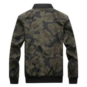 Dark camouflage bomber jacket rear view showcasing full back pattern and ribbed hem detail