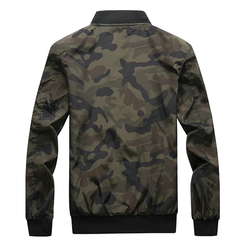 Dark camouflage bomber jacket rear view showcasing full back pattern and ribbed hem detail