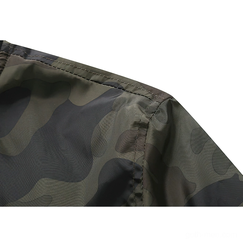 Fabric texture detail showing smooth nylon camouflage print with precision stitching