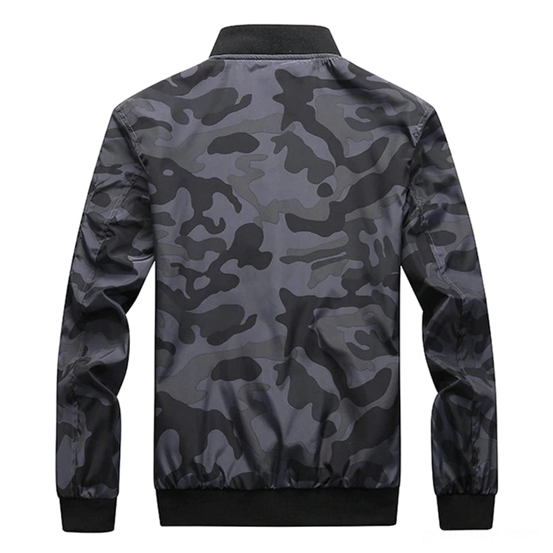 Grey camouflage bomber jacket back view full design with ribbed trims and structured cut