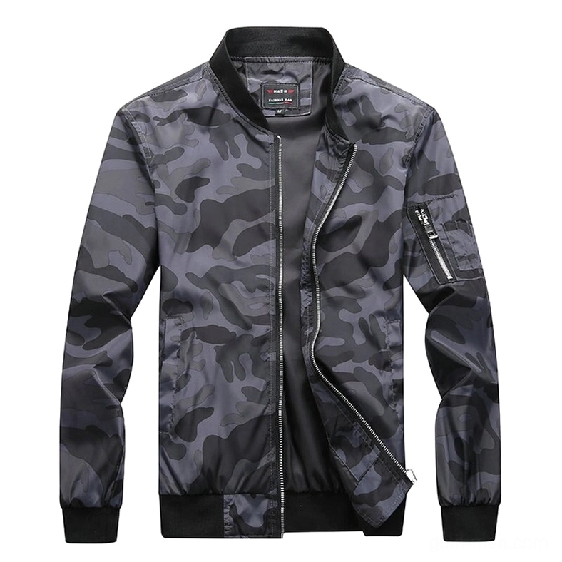 Charcoal grey camouflage military bomber jacket front perspective with metal zipper and sleeve pocket