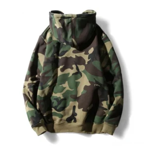 Back view of gothic camouflage hoodie showing ribbed hem and full-length sleeves with woodland camo pattern