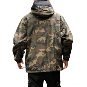 Black and camouflage gothic military hoodie back view showing elasticated hem and hidden hood design