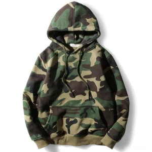 Dark woodland camouflage fleece hoodie front view with kangaroo pocket and drawstring hood - gothic military style for men
