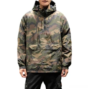 Men's reversible gothic camouflage hooded sweatshirt front view with model wearing half-zip closure and oversized fit