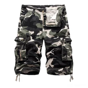 Green-gray-black woodland camouflage cargo shorts front view with multi flap pockets and drawstring cuffs