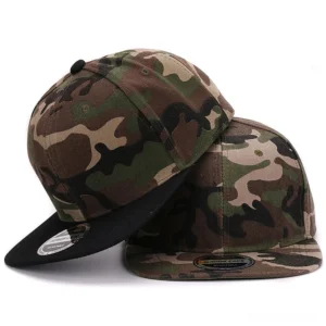 Gothic tactical woodland camo snapback cap with black flat brim, front and multiple angle display