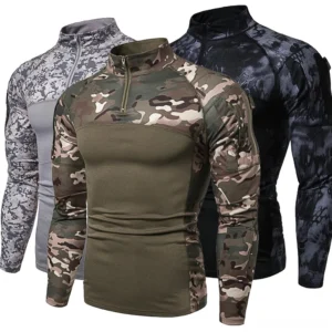 Men's black and olive gothic tactical camo sweatshirt with 1/4 zip collar and color-blocked design, front three-quarter view