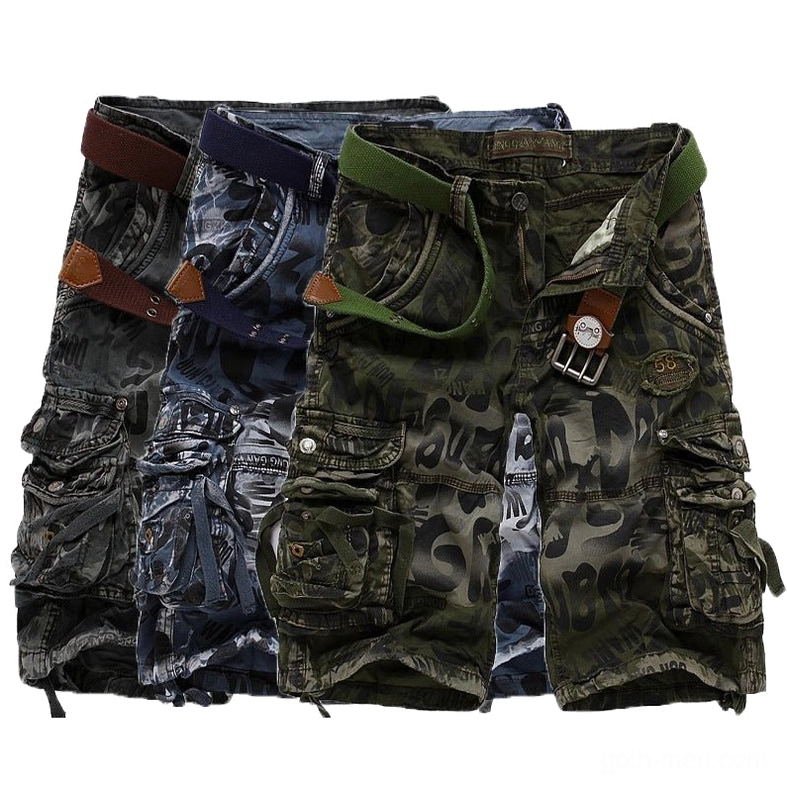 Complete collection of gothic camouflage cargo shorts showing three color variants - grey, army green, and blue-gray