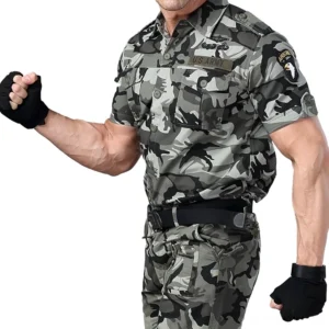 Camouflage Gothic Military Tactical Shirt for Men - Front Half-Body View with Army Badge and Tactical Belt