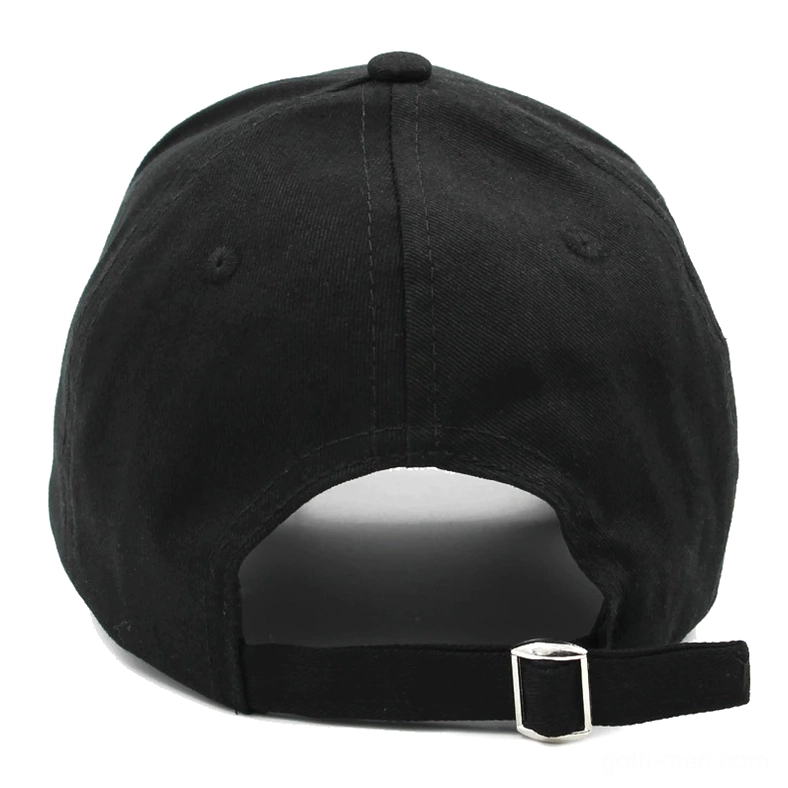 Black gothic baseball cap rear back view showing adjustable buckle strap