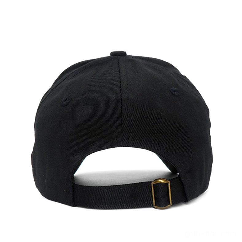Back view of black gothic baseball cap showing adjustable gold buckle strap and reinforced construction