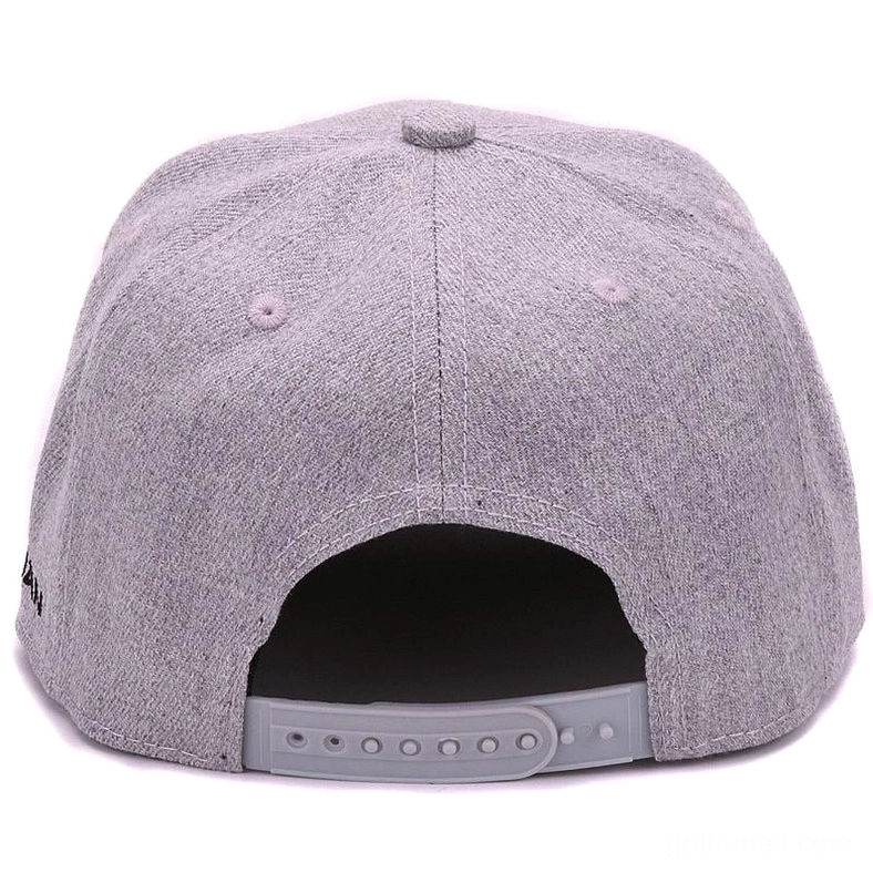 Rear view of heather grey gothic cap displaying back snapback adjustment strap, ventilation holes, and woven fabric construction