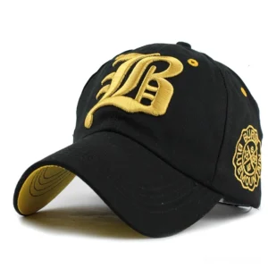 Black and gold letter embroidered gothic baseball cap with yellow brim liner - dark aesthetic headwear
