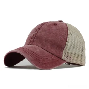 Burgundy red vintage washed gothic cap with curved brim stitching and beige mesh rear panel