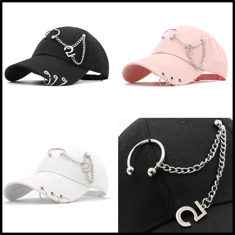 Gothic baseball cap close-up showing stainless steel chain piercing embellishment