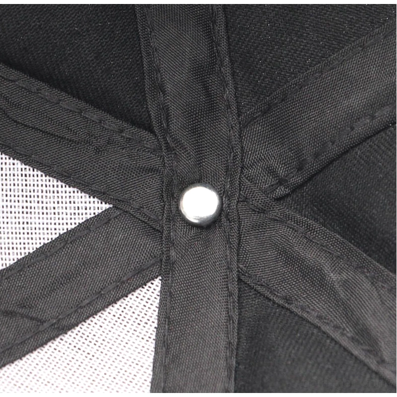 Gothic baseball cap crown detail showing cotton fabric stitching and snap button