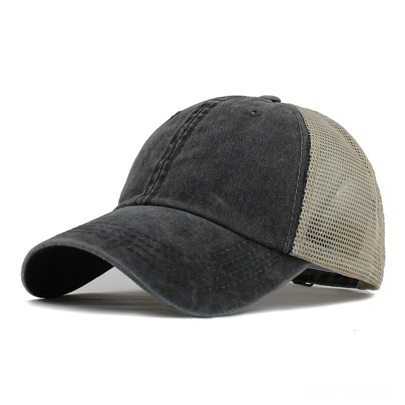 Dark grey washed vintage gothic baseball cap with mesh rear panels and curved brim