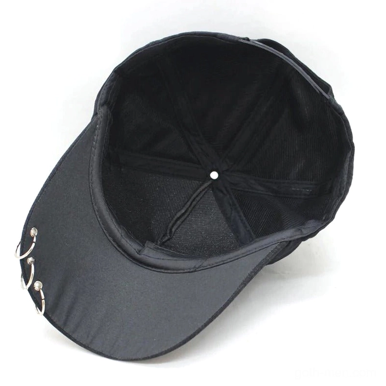 Interior lining of black gothic cap showing metal brim rings and inner construction detail