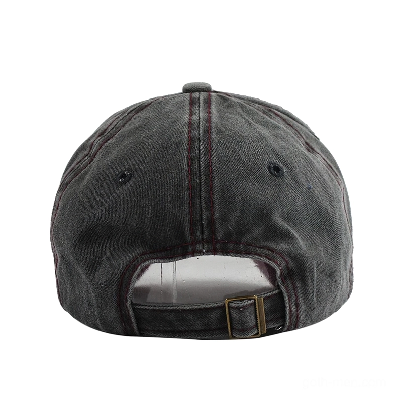 Adjustable snapback buckle strap rear view of gothic distressed denim cap with ventilated eyelets