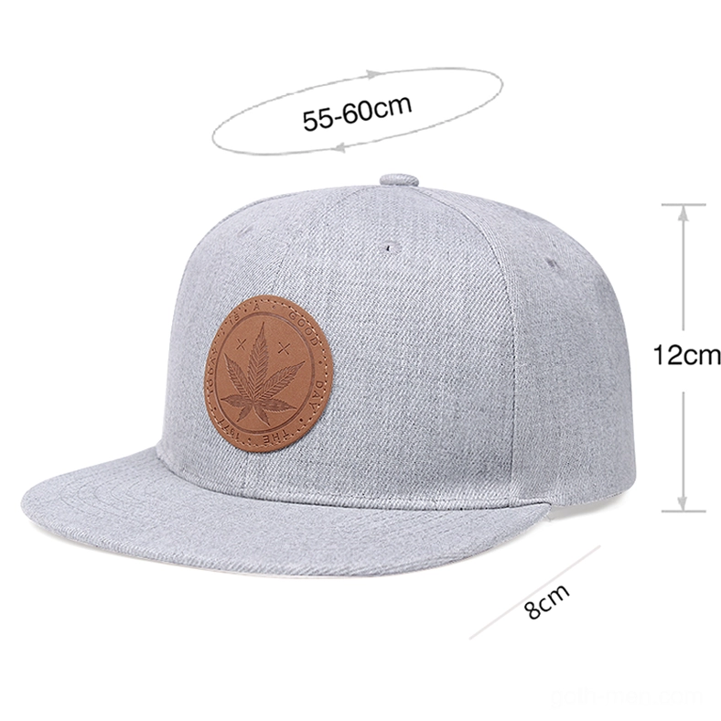 Gray flat-brim cap side view showing size and construction details with measurement markers