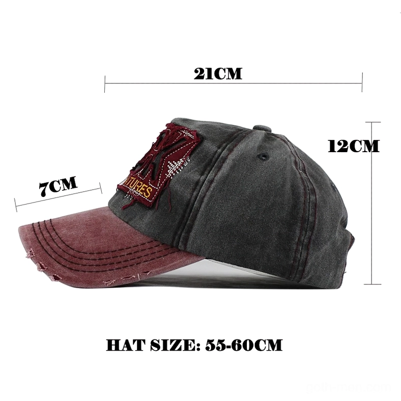 Distressed denim gothic cap side rear view with dimension measurements 55-60cm sizing indicator